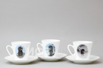Набор из 3 кофейных чашек с блюдцем ф. Черный кофе рис. Ежик в тумане