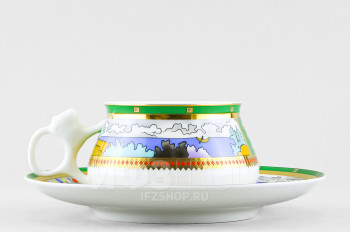 Чашка с блюдцем кофейная ф. Билибина рис. Деревня на озере