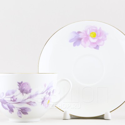Чашка с блюдцем чайная ф. Весенняя-2 рис. Нежный пион (сиреневый, с упаковкой)