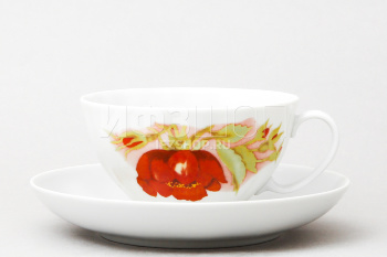 Чашка с блюдцем чайная ф. Белый лебедь рис. Альпийские цветы (красные)