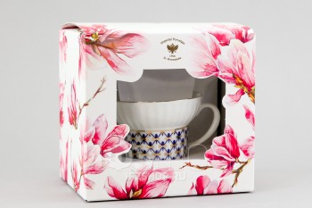 Чашка с блюдцем чайная ф. Волна рис. Кобальтовая сетка в подарочной упаковке (Цветы)