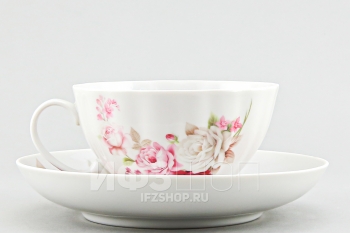 Чашка с блюдцем чайная ф. Белый лебедь рис. Розовый букет
