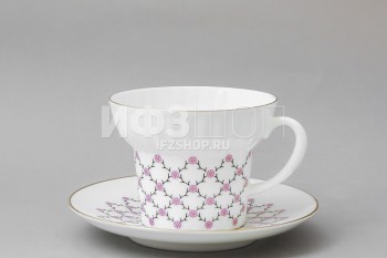 Чашка с блюдцем чайная ф. Волна рис. Розовая сетка в подарочной упаковке (Цветы)
