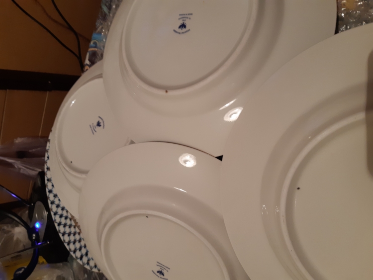 На многих тарелках  с тыльной стороны находятся черные точки от краски и точки в тесте самого фарфора.