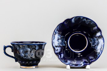 Чашка с блюдцем чайная ф. Орхидея рис. Кобальтовое крытье с платиной