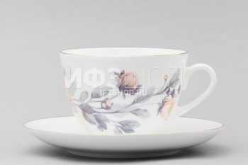 Чашка с блюдцем чайная ф. Весенняя-2 рис. Нежный пион (серый)