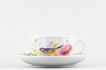Чашка с блюдцем чайная ф. Белый лебедь рис. Птичка Королек