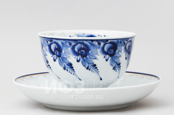 Чашка с блюдцем чайная ф. Голубая роза рис. Гжель (с золотом)