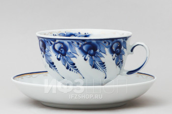 Чашка с блюдцем чайная ф. Голубая роза рис. Гжель (с золотом)