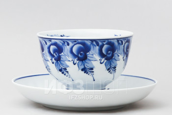 Чашка с блюдцем чайная ф. Голубая роза рис. Гжель