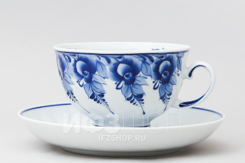 Чашка с блюдцем чайная ф. Голубая роза рис. Гжель