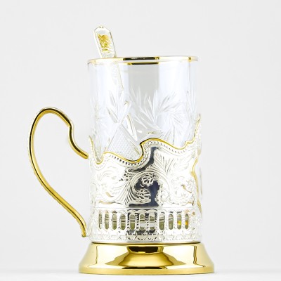 Подстаканник с позолотой со стаканом и ложкой, Кольчугинские зори