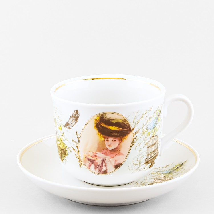 Чашка с блюдцем чайная ф. Ностальгия рис. Леди. Птичка и клетка 