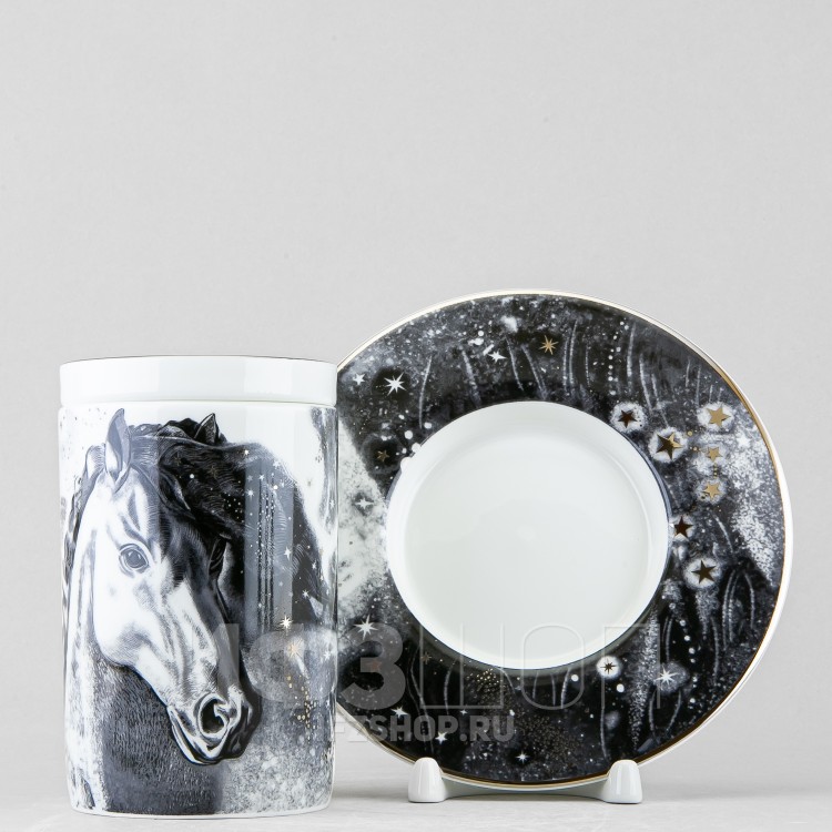 Бокал с блюдцем и крышкой рис. Черный мустанг в Москве