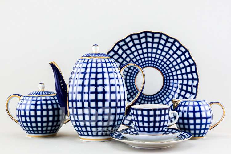 Сервиз кофейный ф. Тюльпан рис. Кобальтовая клетка, 22 предметов 