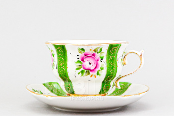 Чашка с блюдцем чайная ф. Орхидея рис. Художественная роспись (зеленый)
