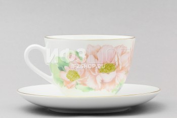 Чашка с блюдцем чайная ф. Весенняя-2 рис. Нежный пион (зеленый, с упаковкой)