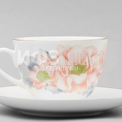 Чашка с блюдцем чайная ф. Весенняя-2 рис. Нежный пион (серый, с упаковкой)