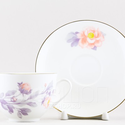 Чашка с блюдцем чайная ф. Весенняя-2 рис. Нежный пион (серый, с упаковкой)